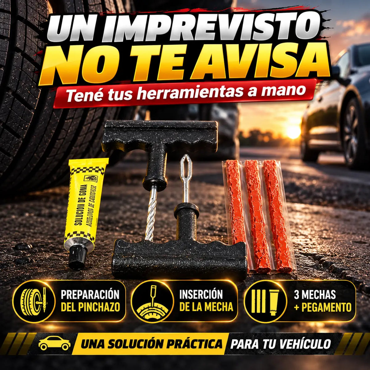 PuncturePro®: Kit Reparador de Pinchazos para Neumáticos Sin Cámara + Limpiavidrios de Regalo 🎁