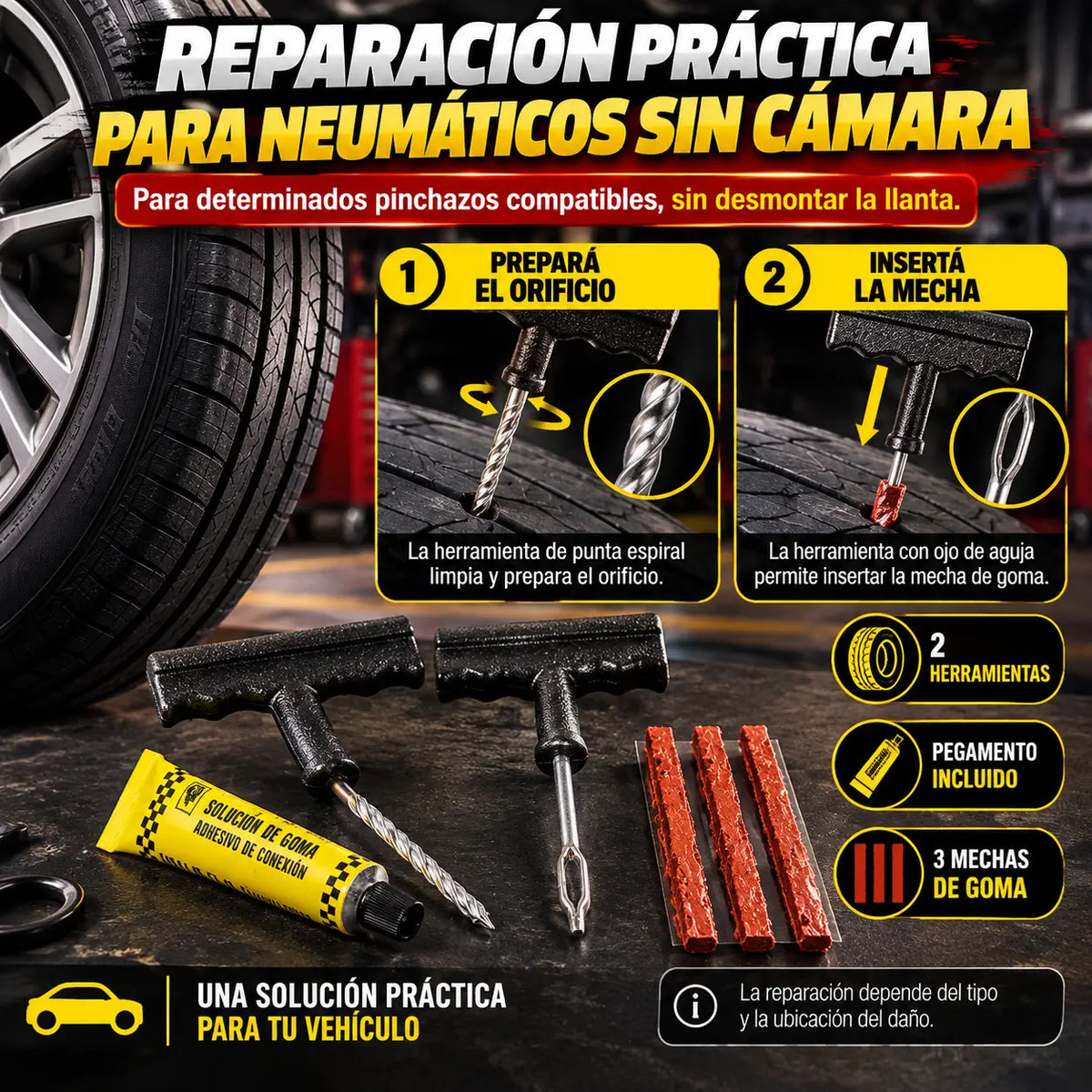 PuncturePro®: Kit Reparador de Pinchazos para Neumáticos Sin Cámara + Limpiavidrios de Regalo 🎁