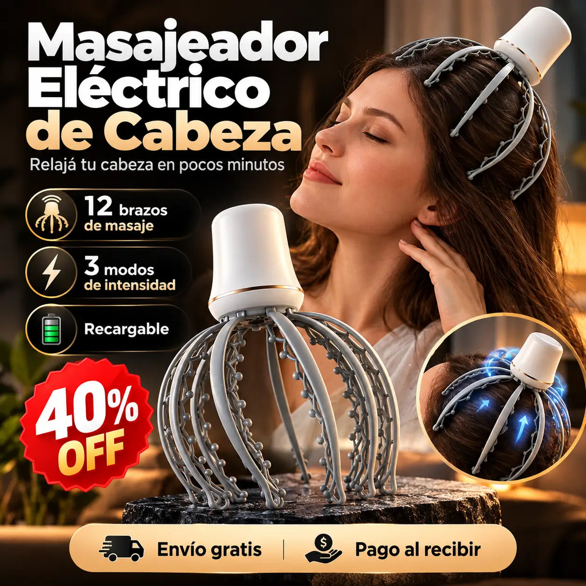 RelaxPro®️: Masajeador Eléctrico de Cabeza 12 Brazos de Masaje + 3 Modos de Intensidad