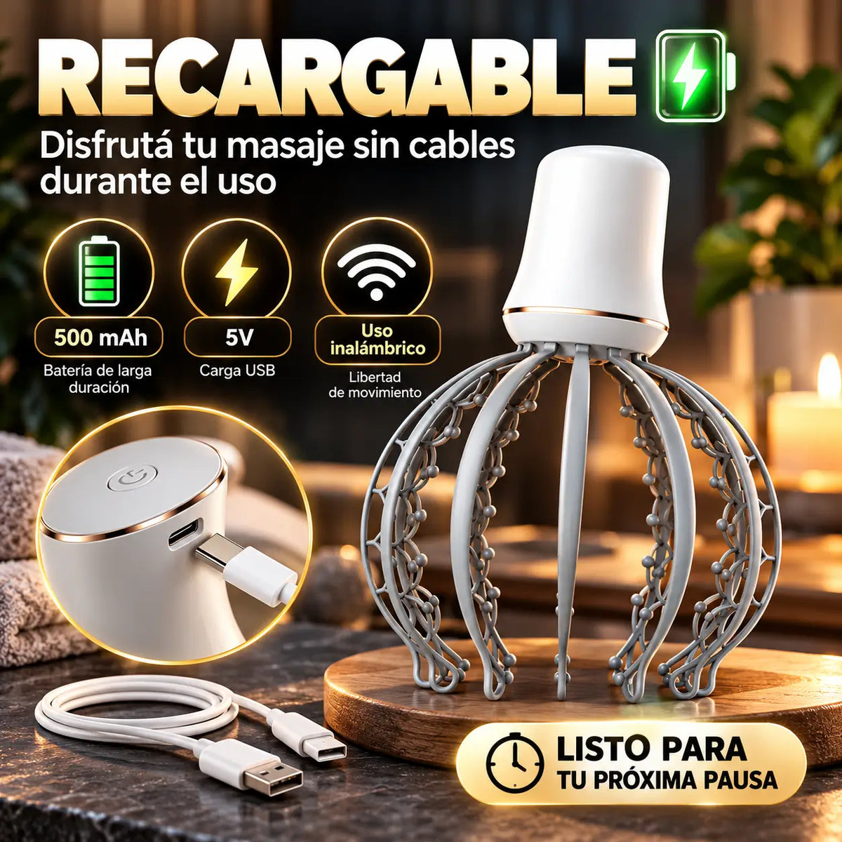 RelaxPro®️: Masajeador Eléctrico de Cabeza 12 Brazos de Masaje + 3 Modos de Intensidad