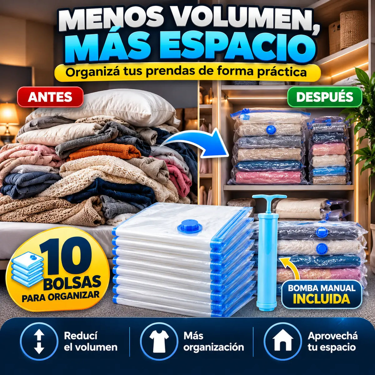 ¡PROMO 2X1! SpacePack Pro®: Bolsas al Vacío Organizadoras con Bomba Manual