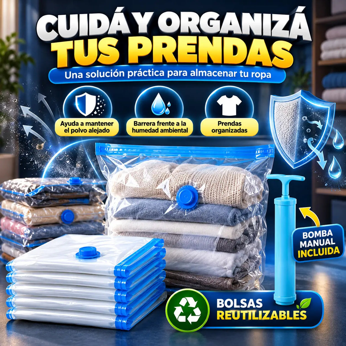 ¡PROMO 2X1! SpacePack Pro®: Bolsas al Vacío Organizadoras con Bomba Manual