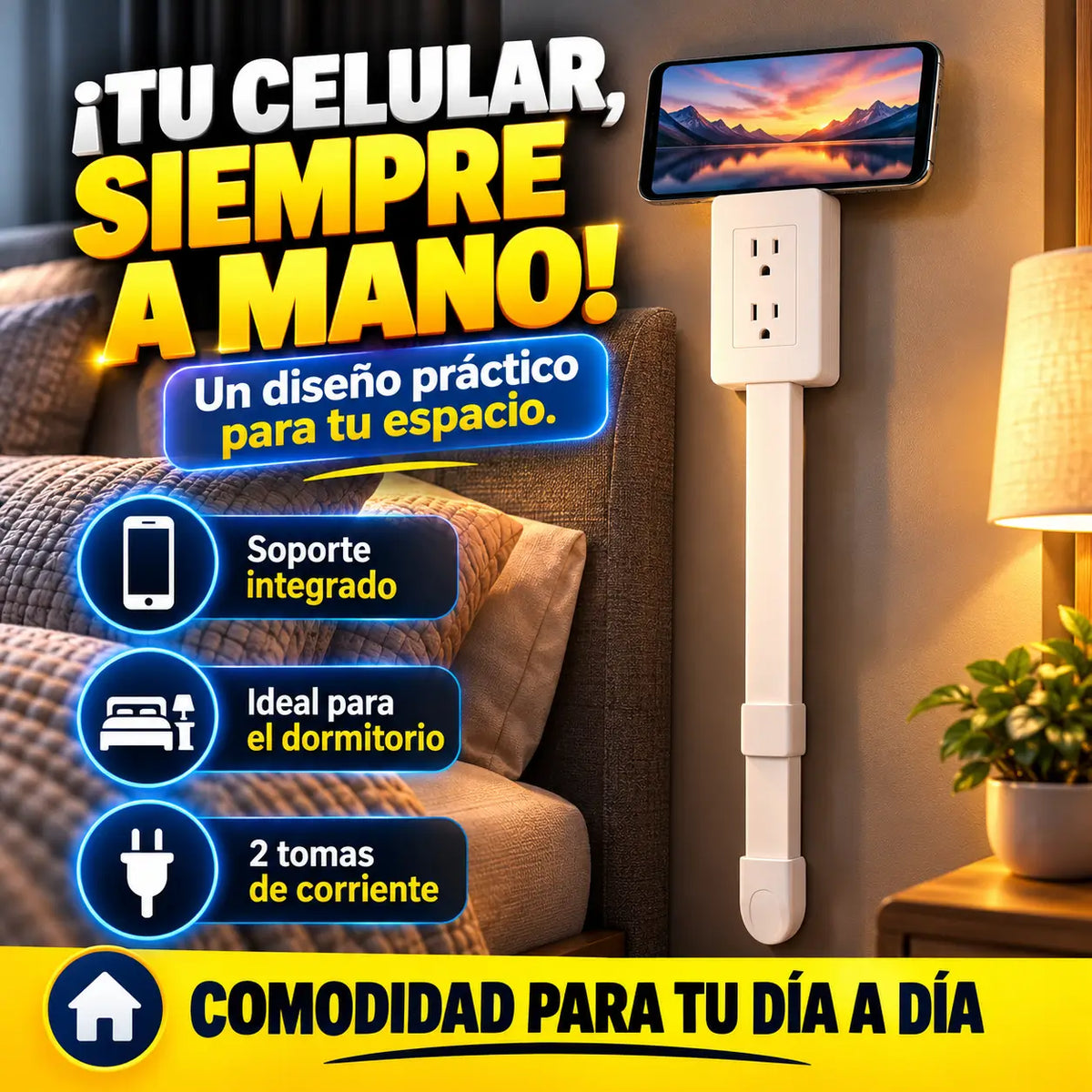 FlexiPlug®: Extensor de Enchufe Giratorio 180° 2 Tomas con Soporte Integrado
