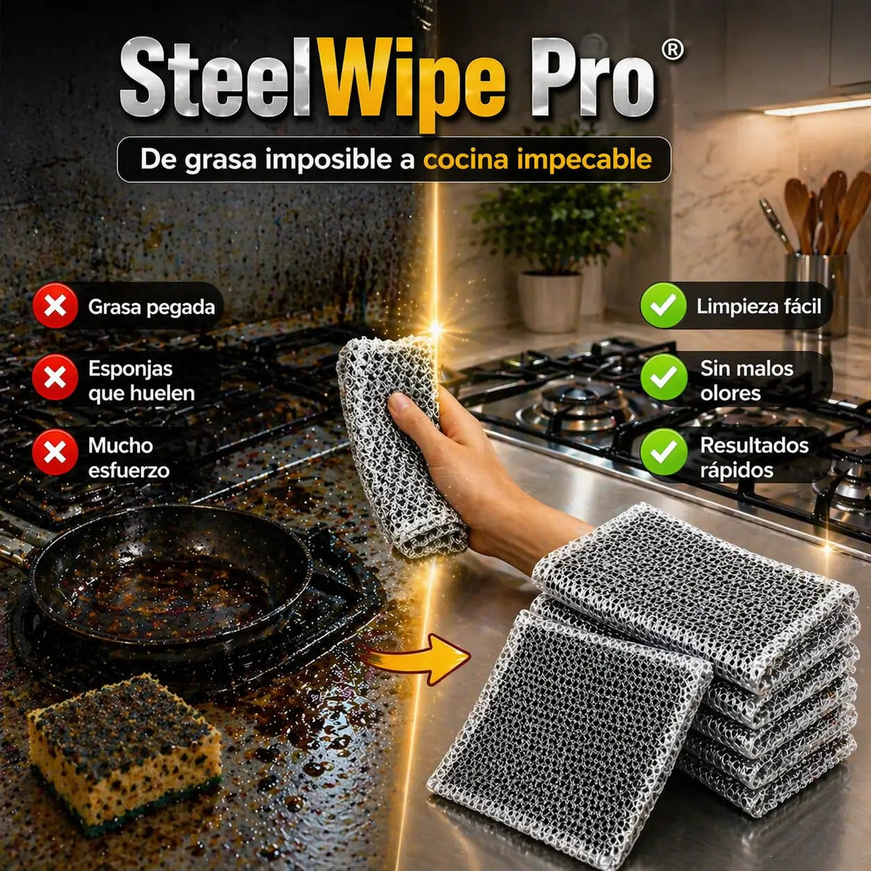 ¡PACK X5! SteelWipe Pro®️: Elimina grasa difícil sin rayar