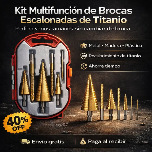 Kit Multifunción de Brocas Escalonadas de Titanio: Perfora fácil, rápido y sin cambiar de broca.