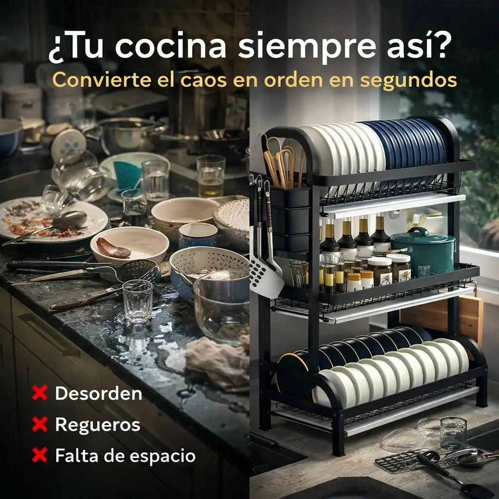 CleanRack Pro®️: Escurridor de Platos Multifuncional de 3 Niveles