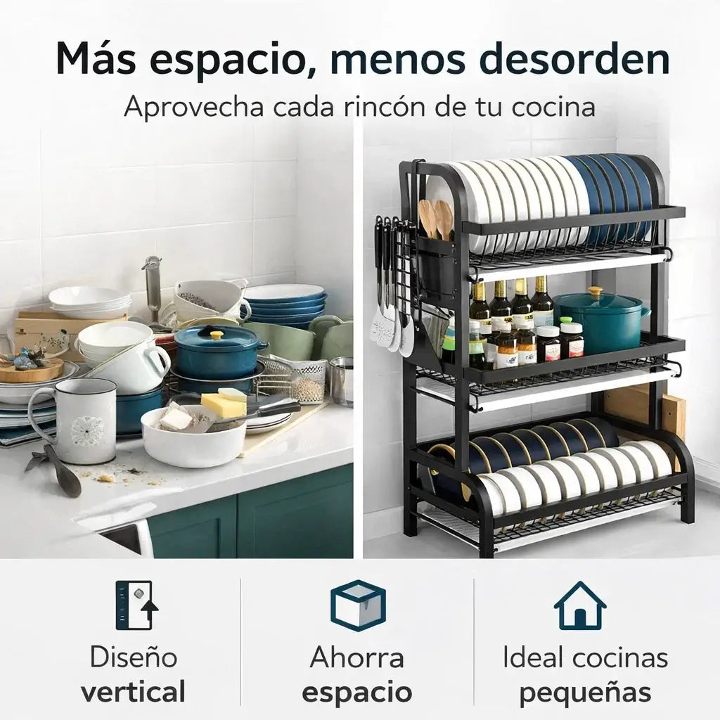 CleanRack Pro®️: Escurridor de Platos Multifuncional de 3 Niveles