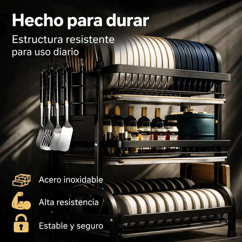 CleanRack Pro®️: Escurridor de Platos Multifuncional de 3 Niveles