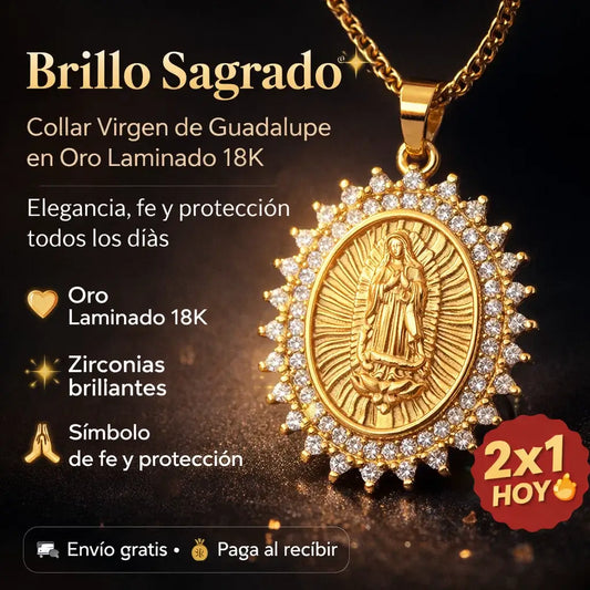 ¡PROMO 2X1! Brillo Sagrado®: Collar Virgen de Guadalupe en Oro Laminado 18K + Cadena