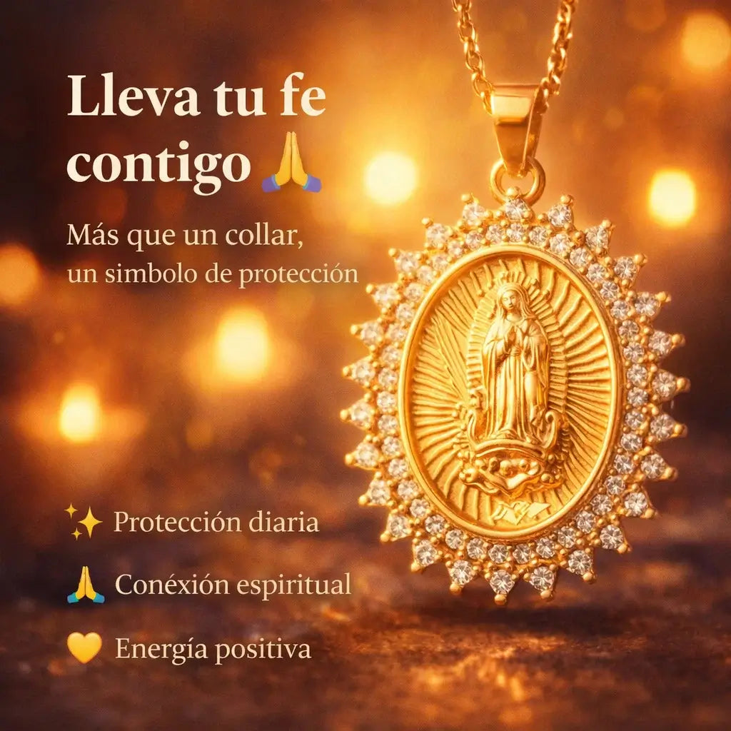 ¡PROMO 2X1! Brillo Sagrado®: Collar Virgen de Guadalupe en Oro Laminado 18K + Cadena