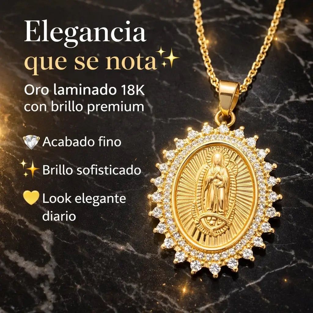 ¡PROMO 2X1! Brillo Sagrado®: Collar Virgen de Guadalupe en Oro Laminado 18K + Cadena