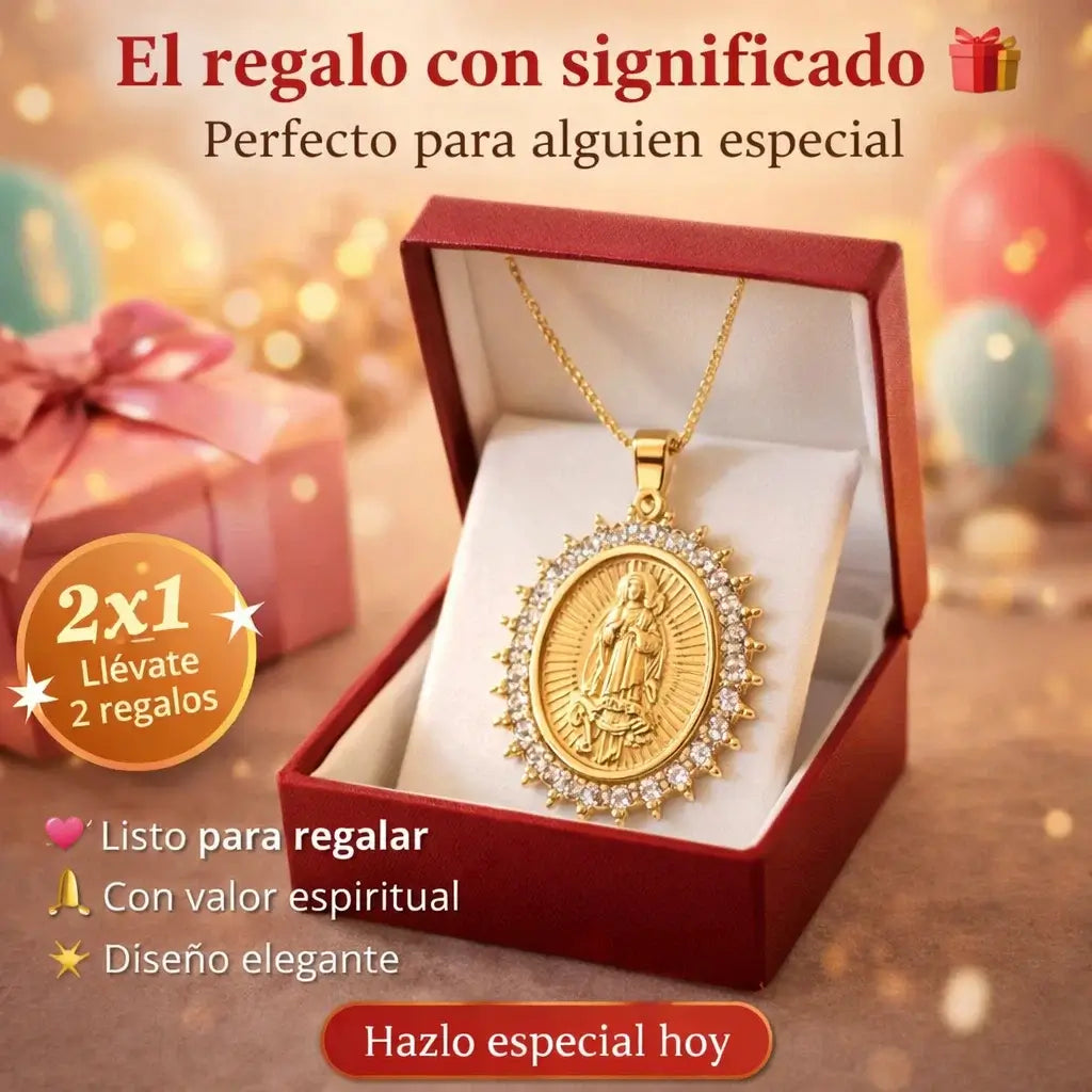 ¡PROMO 2X1! Brillo Sagrado®: Collar Virgen de Guadalupe en Oro Laminado 18K + Cadena